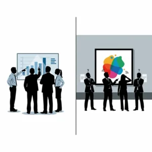 ビジネスの会議風景と美術館で絵画を鑑賞する人々を対比させたイラスト。