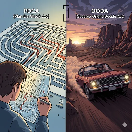 迷路を歩く人と、荒野を疾走する車の対比。