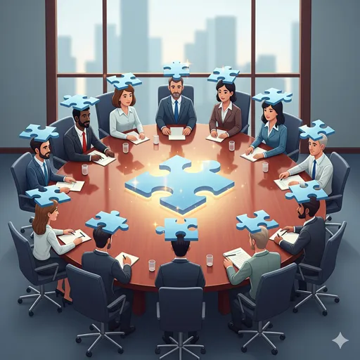 会議で、複数の参加者が互いの意見に同意し、納得する様子を表すイラスト