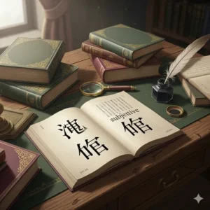 ドイツ語の古書と日本語の辞書を並べ、言葉の由来を表現した静物画。