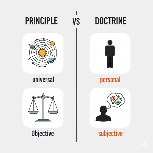 「原則」と「主義」の違いを「核心的な意味」「性質」などで比較した図解