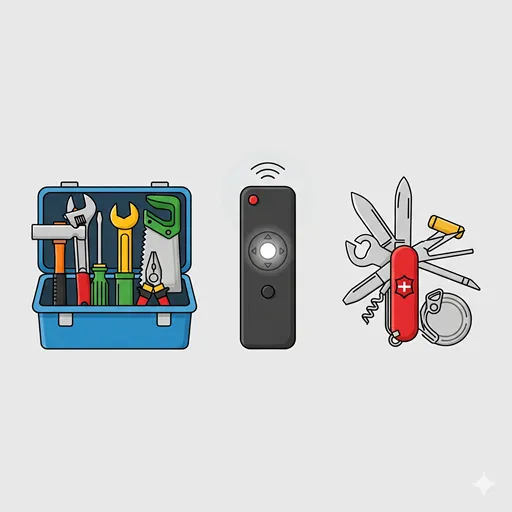 「汎用性」「多様性」「利便性」の違いを、道具で表現したイラスト