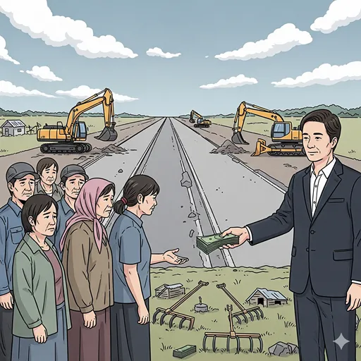 公共事業によって失われた土地に対し、国が正当な埋め合わせを行う様子を表すイラスト