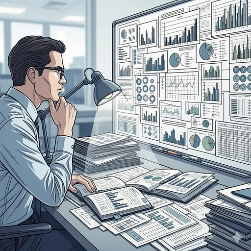 専門家が客観的なデータや事実に基づき、論理的に考察する様子を表すイラスト