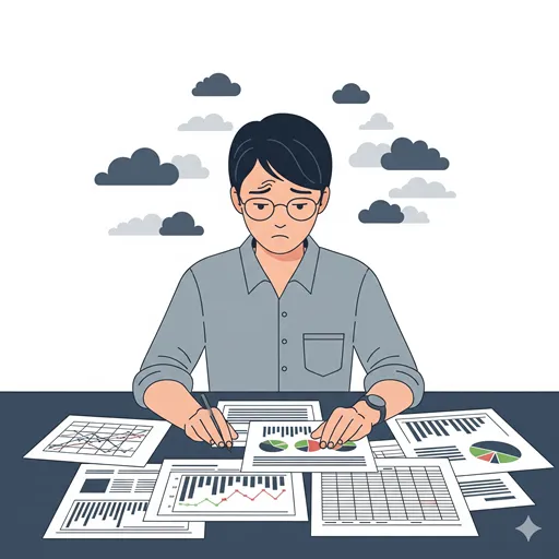 現在のデータに基づき、将来起こりうるリスクを分析し、不安を抱く様子を表すイラスト