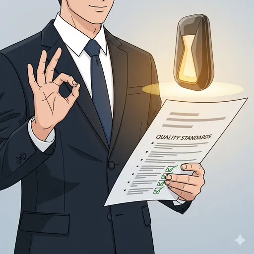 専門家が特定の基準を満たした製品や活動に認証を与える様子を表すイラスト