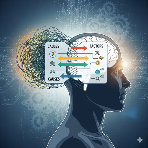 原因と要因の違いを理解し、論理的な思考が深まった様子を示すイラスト