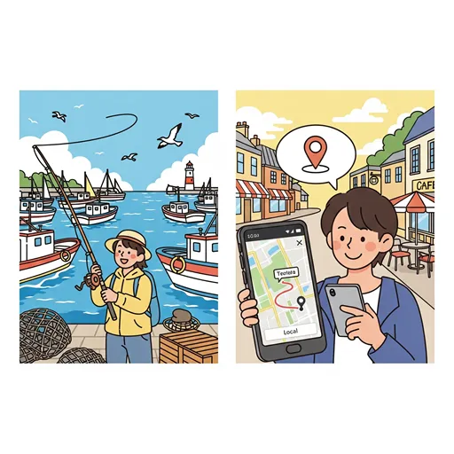 MEOの概念を示すイラスト。特定の港で漁をする船と、街の地図を手にしている人物が描かれている。