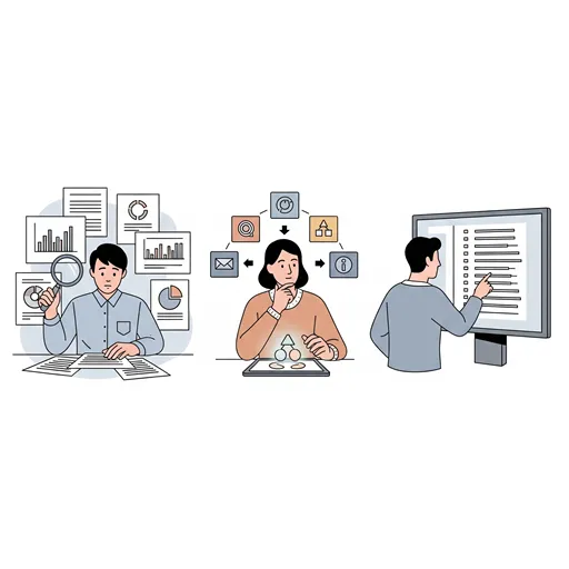 「網羅」「包括」「完璧」の違いを、情報収集のプロセスで表現したイラスト