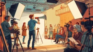 映画監督がメガホンを持ち、カメラやスタッフに指示を出すクリエイティブな現場のイラスト
