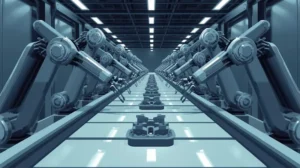 工場でベルトコンベアに乗った製品が作られている様子を描いたイラスト