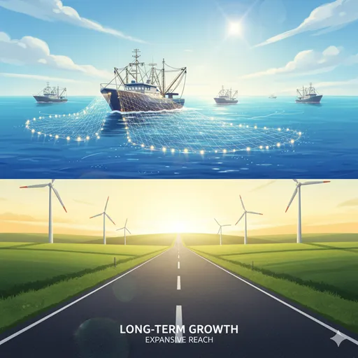 SEOの概念を示すイラスト。広い海に網を仕掛ける船と、遠くまで続く道路が描かれている。