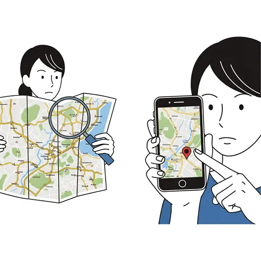 SEOとMEOの違いを示す対比イラスト。SEOは拡大鏡で広範囲の地図を見ており、MEOはスマホの地図を拡大して見ている。
