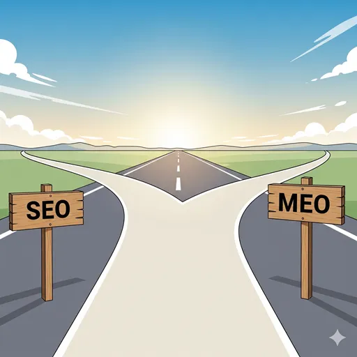 SEOとMEOの相乗効果を示すイラスト。一本の道が二つに分かれ、それぞれ「SEO」と「MEO」と書かれた標識がある。