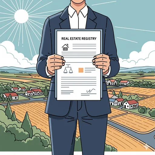 不動産の登記簿謄本を持ち、法的な所有権を主張する人物のイラスト