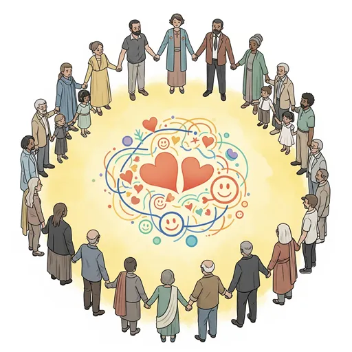 多様な人々が手をつなぎ、大きな輪を形成している。