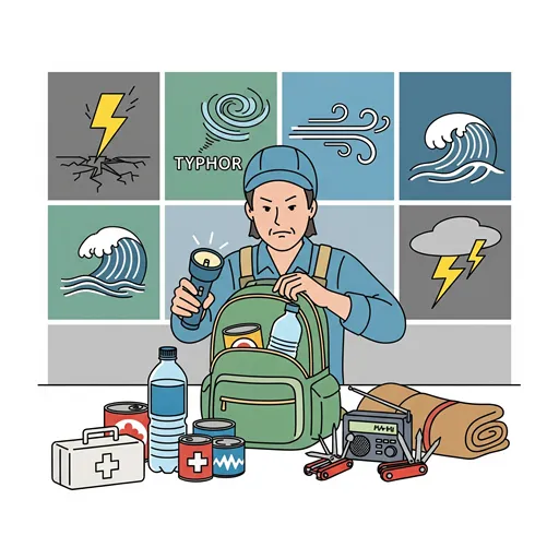 災害に備え、防災グッズを備蓄するなどの予防策を講じる様子を表すイラスト