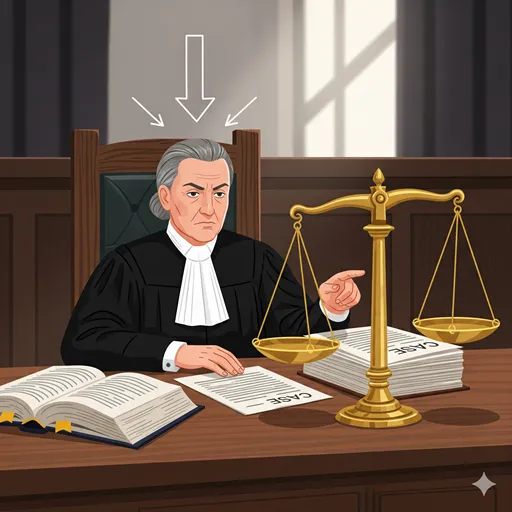 裁判官が法律を個別の事件に適用して判決を下す様子を表すイラスト