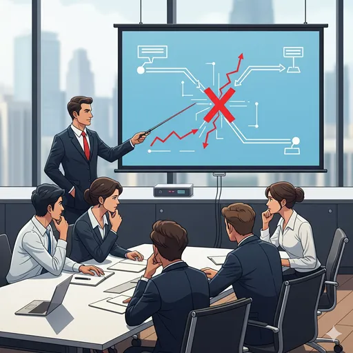 「頓挫」報告を通じて、事態の深刻さを正確に伝え、迅速な対応を促す様子を表すイラスト