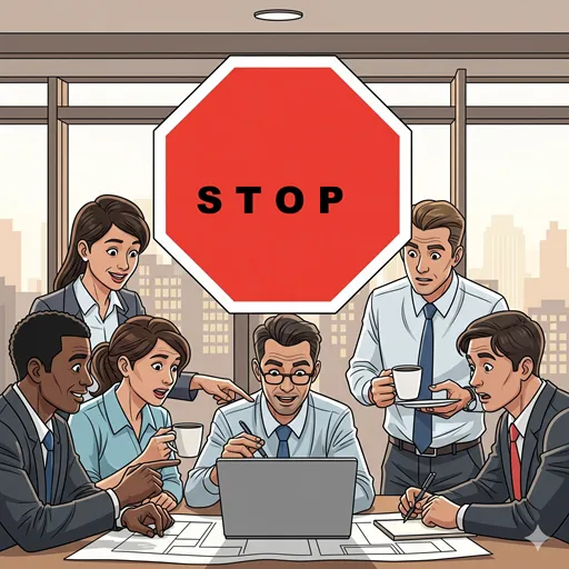 順調に進んでいたプロジェクトが、予期せぬトラブルで突然停止する様子を表すイラスト