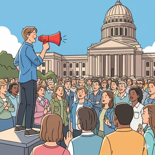 行政や公的機関が、国民に協力をお願いする様子を表すイラスト