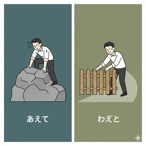 「あえて」が持つ、困難を乗り越える強い意志と、「わざと」が持つ作為性や悪意を対比させたイラスト