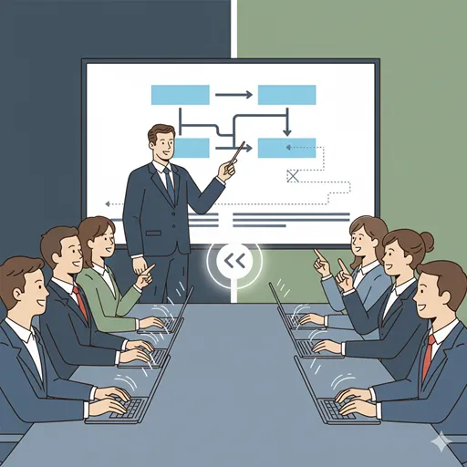 業務指示において、「併せて」という言葉を使って、二つのタスクを一括処理し、効率化を達成しているイラスト