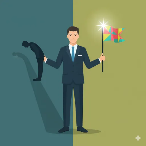 正しい言葉の選び方によって、謙遜と野心という相反する要素を戦略的に使いこなすリーダーのイラスト