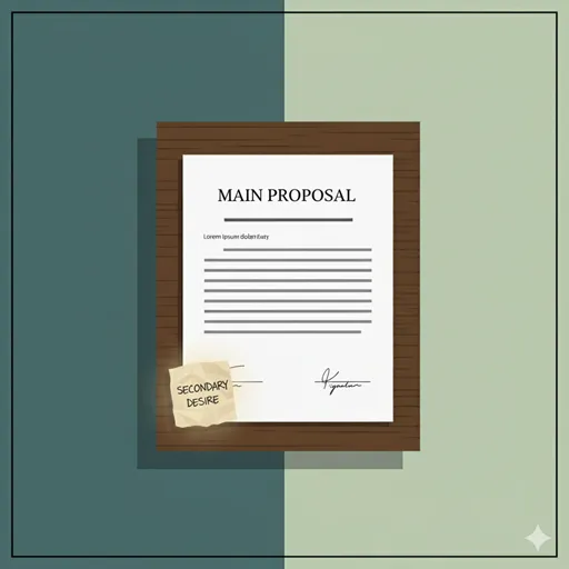 交渉の場において、本命の提案の影に、「あわよくば」という言葉を添えて、二番目の要求をそっと滑り込ませる様子を表すイラスト