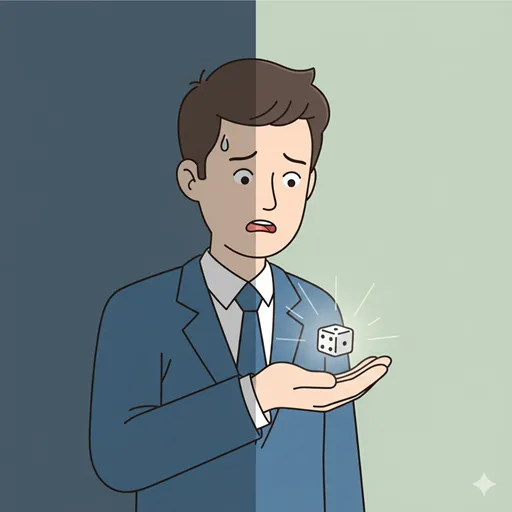 「あわよくば」が持つ、実現可能性の低さを認識しつつも、運任せの要素を期待する心理的な機微を対比させたイラスト