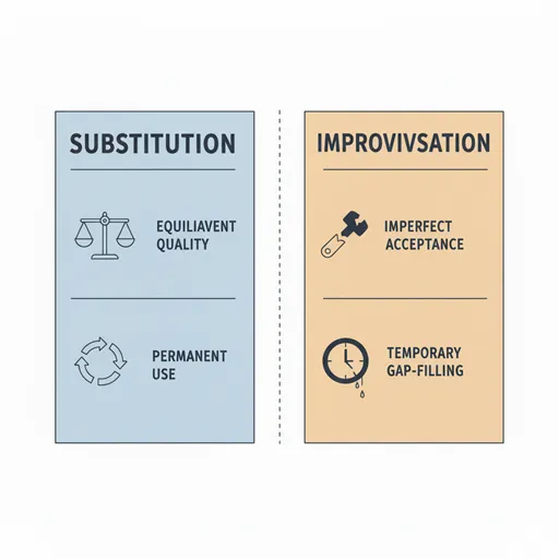 「代替」と「代用」の違いを「機能の同等性」「目的」などで比較した図解