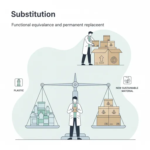 環境負荷の低い素材を、同等の品質を保ちながら、プラスチックの代替品として正式に採用する様子を表すイラスト