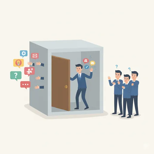 意思決定者が、周囲の意見を無視し、自分の考えに固執する様子を表すイラスト