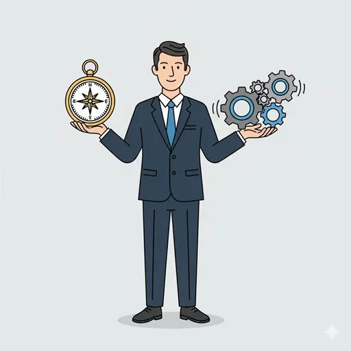 正しい言葉の選び方によって、意思決定の責任と実行の連携を使い分けるリーダーのイラスト