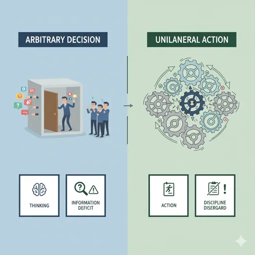 「独断」と「専行」の違いを「焦点となるフェーズ」「問題の性質」などで比較した図解