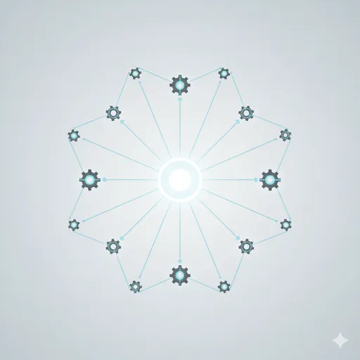 「敷衍」が、「詳述」のような一点の深掘りではなく、論理的な繋がりをもって多角的に展開する構造を表すイラスト