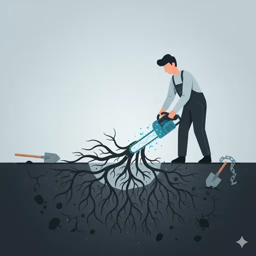 顧客の不信感や疑念を、表面的な対応ではなく、根源から断ち切り、二度と再発させない様子を表すイラスト