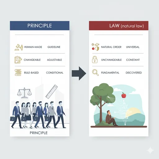 「原則」と「原理」の違いを「普遍性の源泉」「変更可能性」などで比較した図解