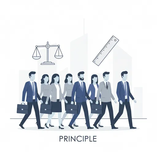 組織やチームが、人為的に定められたルール(原則)に従って、公正に行動する様子を表すイラスト