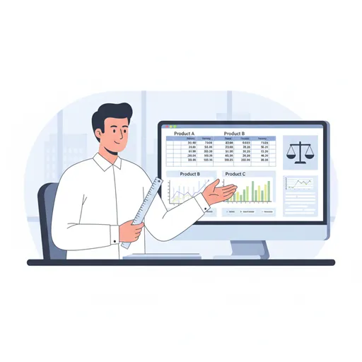 複数の選択肢を共通の基準(コスト、性能など)で公平に評価する様子を表すイラスト