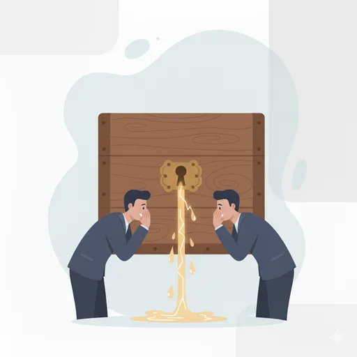 最終決定前の情報や噂が、水漏れのように内々で流動的に広がる様子を表すイラスト