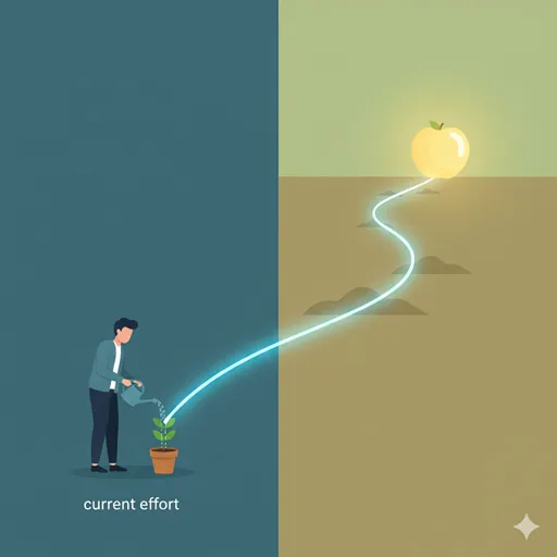 「延いては」の正しい使い分けを習得した人物が、現在の小さな努力と未来の大きな成功を一本の確かな光で繋いでいる様子