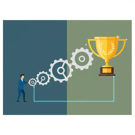 個人の小さな努力が、多段階のプロセスを経て組織全体の利益というマクロな結果に繋がる因果の連鎖を表すイラスト