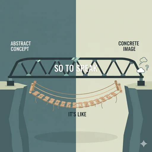 「いわば」を概念と本質を繋ぐ太い鉄骨の橋として、「例えるなら」を仮設の木の橋として対比させたイラスト