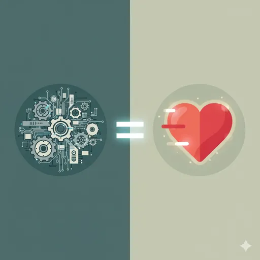 複雑な歯車の機構（抽象的な概念）が、一つの単純な心臓の鼓動（本質的な比喩）と機能が同じであることを示すイラスト