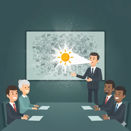 ビジネスプレゼンテーションで、「いわば」という言葉を使って複雑なデータを一瞬で誰もが理解できる比喩へと変換しているスピーカーのイラスト