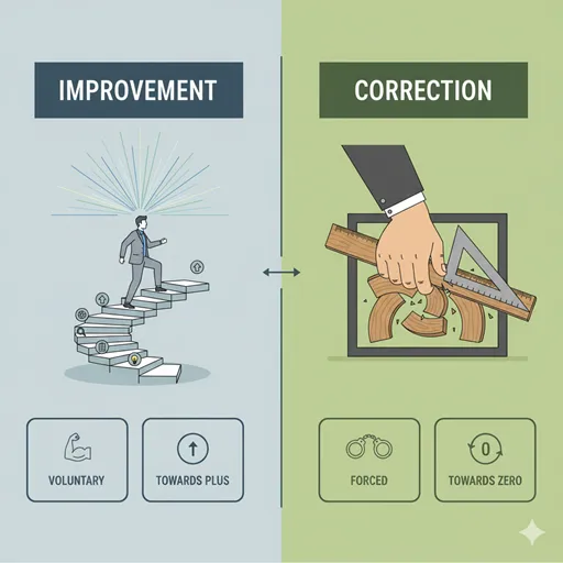 「改善」と「矯正」の違いを「変化の原動力」「目的とする状態」などで比較した図解