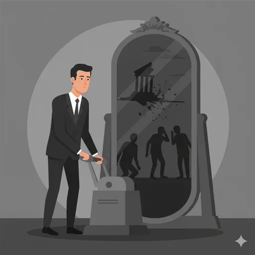 過去の重大な判例や倫理的な規範を「鏡」として、現在の行動を照らし合わせ、判断の正当性を担保する様子を表すイラスト