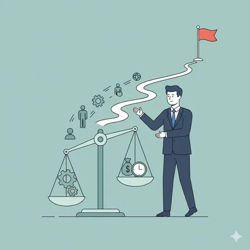 資源(人、物、金)を目標達成に向けて、効率的かつ柔軟に運用する様子を表すイラスト