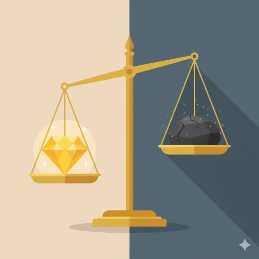 同等な重みを持つ二つの事柄が、異なる性質を持っていることを示す、天秤に光と影のオブジェクトが乗っているイラスト